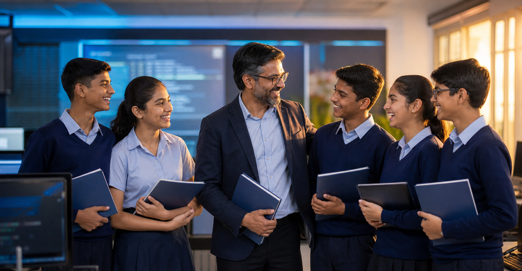 Computer Science students reviewing their progress together